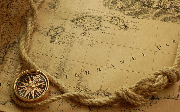 old map map compass ropes, antique, direction, no people, still life, HD wallpaper