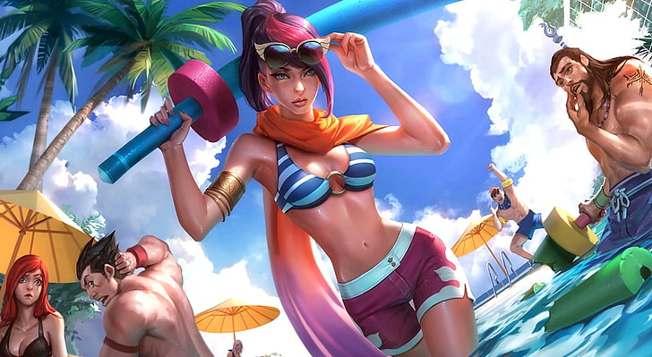League of Legends - Pool Party Fiora, five anime characters wallpaper