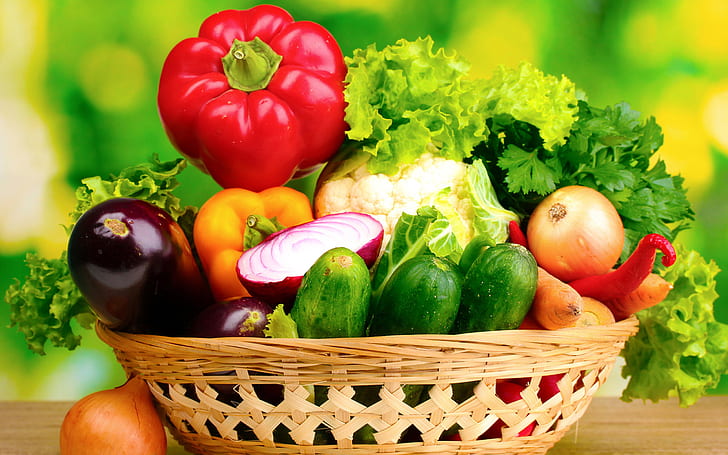 Healthy, Vegetables, Pepper, Onion, Eggplant, Fresh, assorted vegetables on brown rattan basket