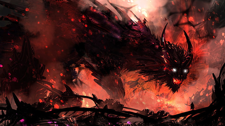 fire monster game graphic wallpaper, fantasy art, creature, hero