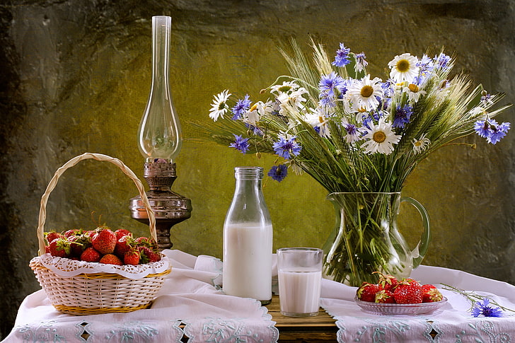 still life, food, strawberries, flowers, milk, fruit, flowering plant