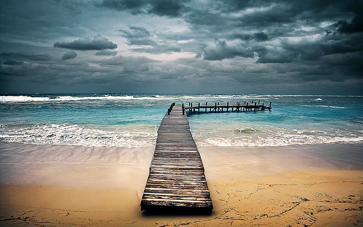 brown wooden dock on beach, nature, landscape, sand, sea, waves, HD wallpaper