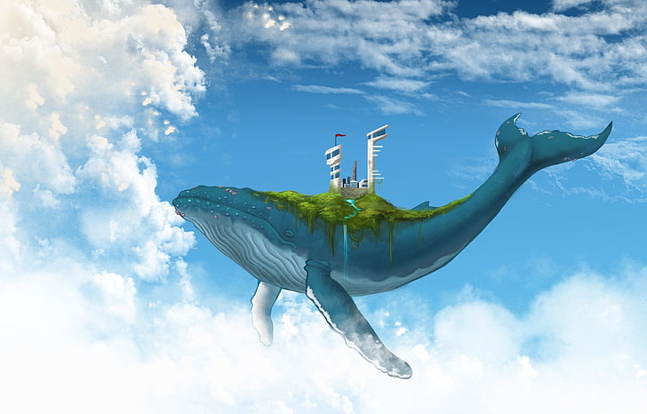 teal and white whale illustration, digital art, fantasy art, animals