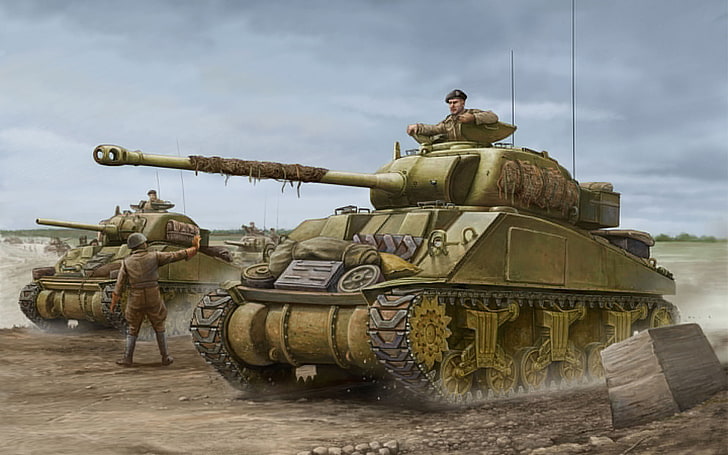 illustration of two green battle tanks with soldiers, art, Firefly