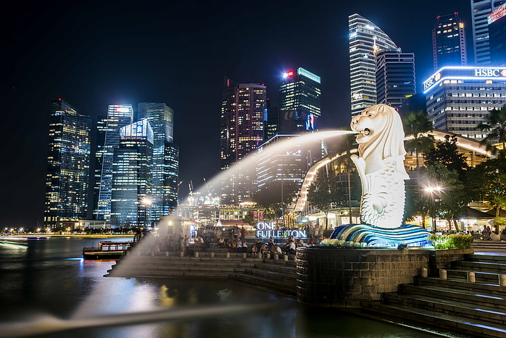 Merlion, Singapore, backlight, skyscrapers, megapolis, fountains