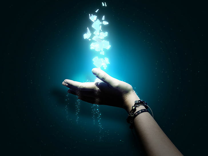 Hand light blue, black, turquoise, particles