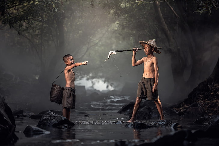 water, children, Thailand, fish, two people, full length, shirtless