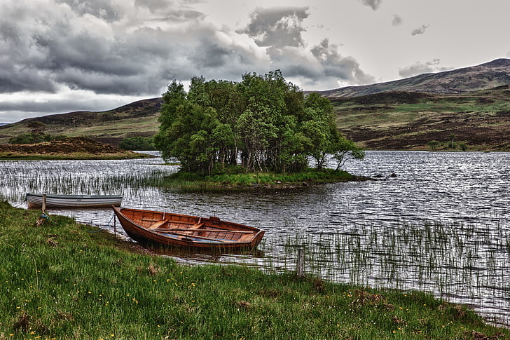 brown wooden boat, boats, river, trees, grass, clouds, nature