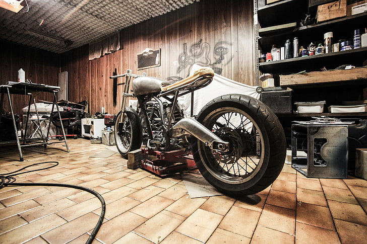cafe racer, frame, garage, making, mechanic, motorbike, motorcycle, HD wallpaper