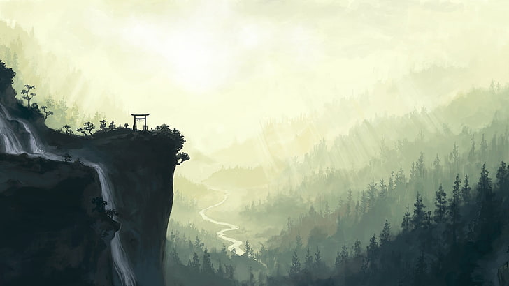 Torri gate on cliff graphic wallpaper, animation, artwork, fantasy art
