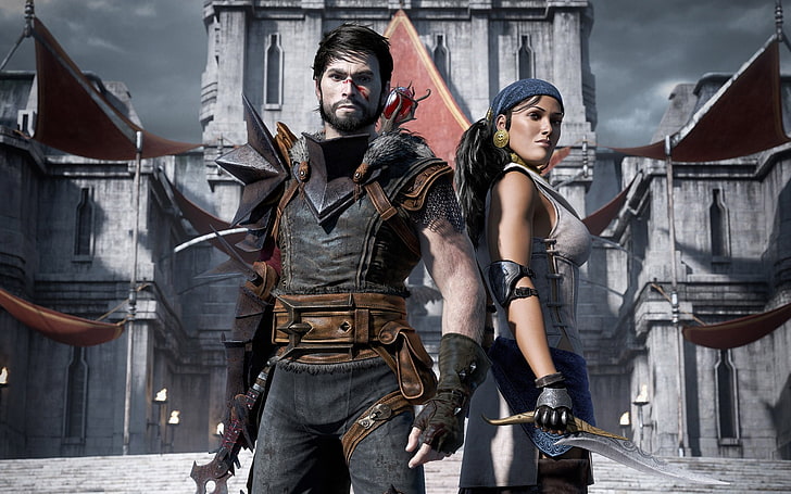 man and woman with weapons, Dragon Age, Dragon Age II, Hawke