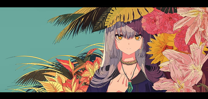 焦茶, anime girls, flowers, long hair, HD wallpaper
