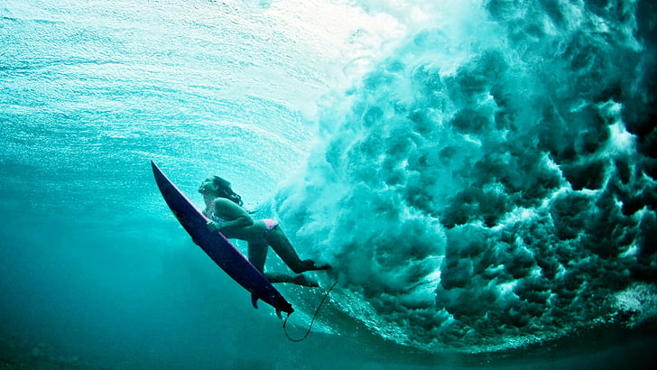 blue surfboard, women, water, underwater, surfing, sports, sea, HD wallpaper