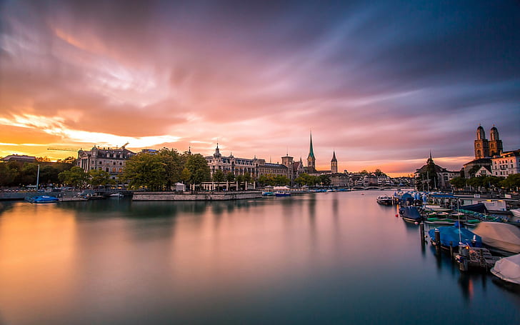 Zurich, Switzerland, city, evening, sunset, houses, river, bridge, boats