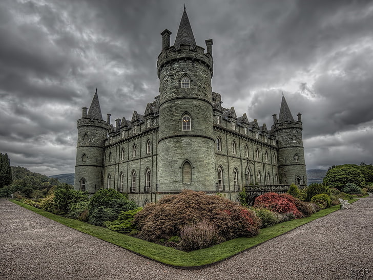 brown and black castle, Scotland, the bushes, Inveraray Castle, HD wallpaper