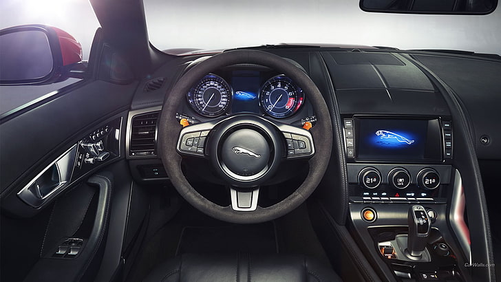 black and silver vehicle interior, Jaguar F-Type, car, car interior, HD wallpaper