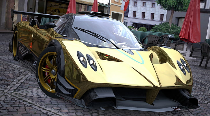 Pagani Zonda R Gold, gold sports coupe, Games, Gran Turismo, car, HD wallpaper