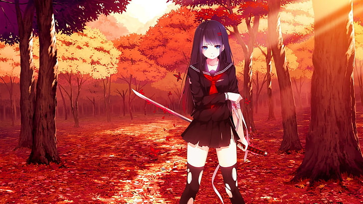 purple-haired female anime character, sword, katana, school uniform