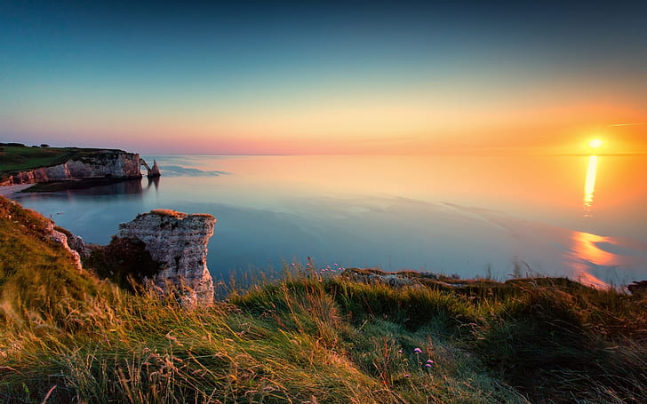 Sunset, cliffs, sea, coast, Etretat, France, HD wallpaper