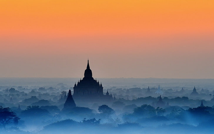 HD wallpaper: Amber, Bagan, blue, Buddhism, landscape, mist, Myanmar