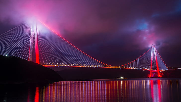 bridge, night, Turkey, pink, lights, Yavuz Sultan Selim Bridge, HD wallpaper