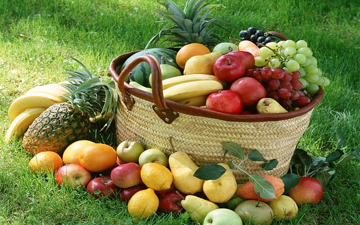 fruit lot, baskets, grapes, apples, grass, bananas, lemons, food and drink