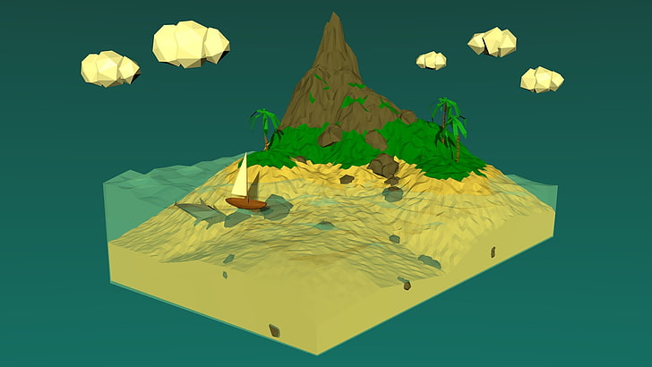 mountain with body of water and boat wallpaper, low poly, island