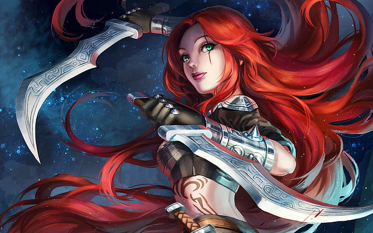 red-haired woman holding dagger anime character wallpaper, Katarina, HD wallpaper