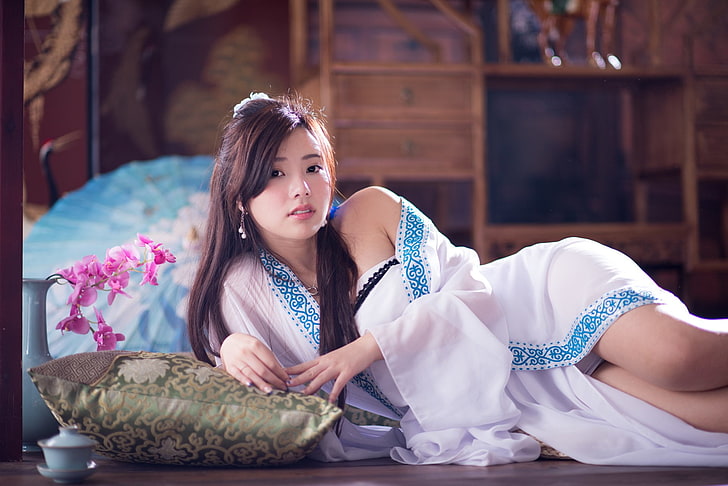 women's white and blue dress, Models, Chén Sīyǐng, Asian, Cup, HD wallpaper