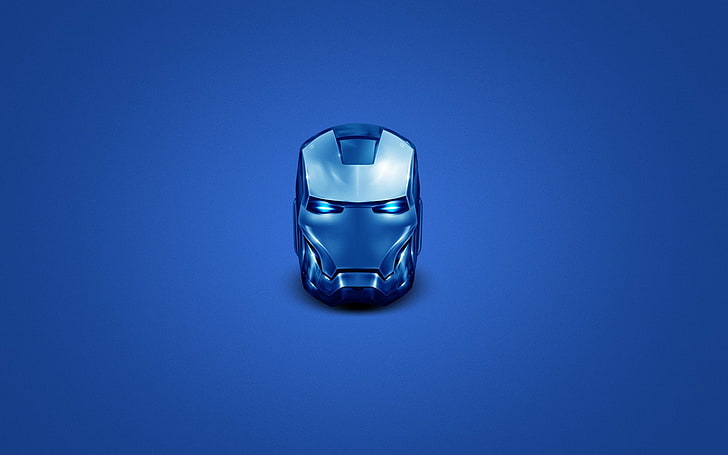 Iron Man, head, helmet, superhero, blue, simple background