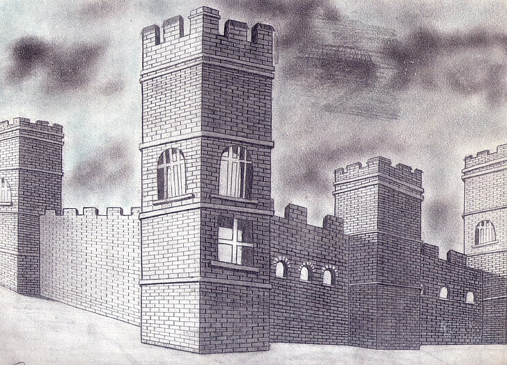 black and white plaid textile, castle, drawing, pencils, monochrome