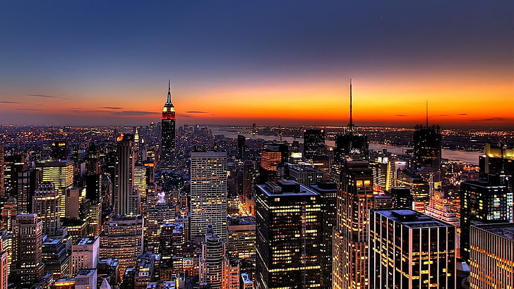 bird's eye view of buildings, new york, night, skyscrapers, top view