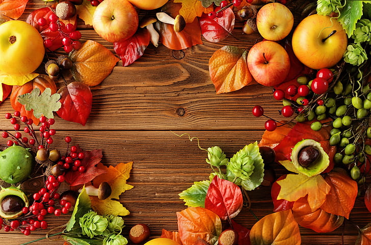 autumn, leaves, apples, still life, fruit, berries, harvest, HD wallpaper