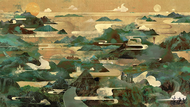mountains and trees painting, abstract, artwork, clouds, grunge