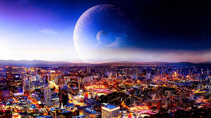 cityscape, sky, moons, metropolis, night, city lights, supermoon, HD wallpaper