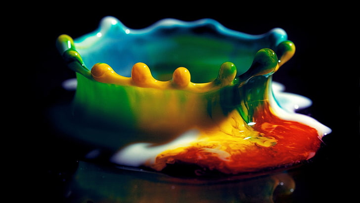 round multicolored tray, multicolored paint, colorful, water drops, HD wallpaper