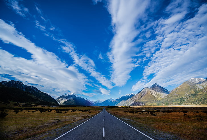 gray concrete road, new zealand, highway, mountain, blue, sky, HD wallpaper