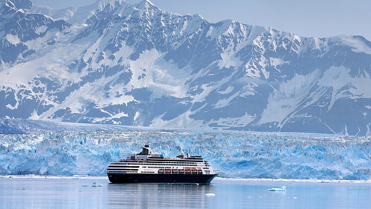 winter, boat, cruise ship, mountains, glacier, Alaska, water, HD wallpaper