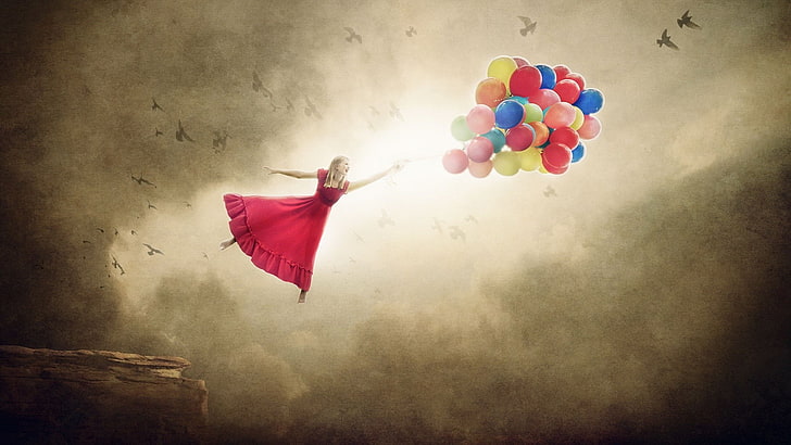 balloon, fantasy girl, fantasy art, women, dress, red dress, HD wallpaper