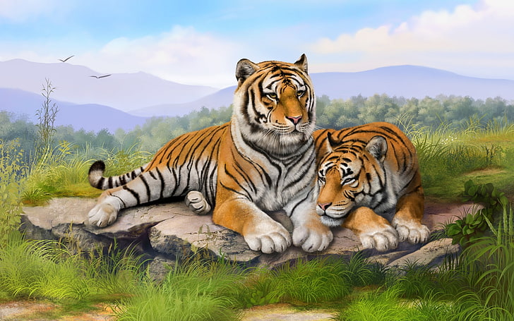 digital art, wild cat, painting, Bengal tigers, animal, animal themes