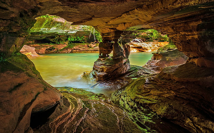 nature, landscape, water, rock, cave, lake, moss, wet, long exposure, HD wallpaper