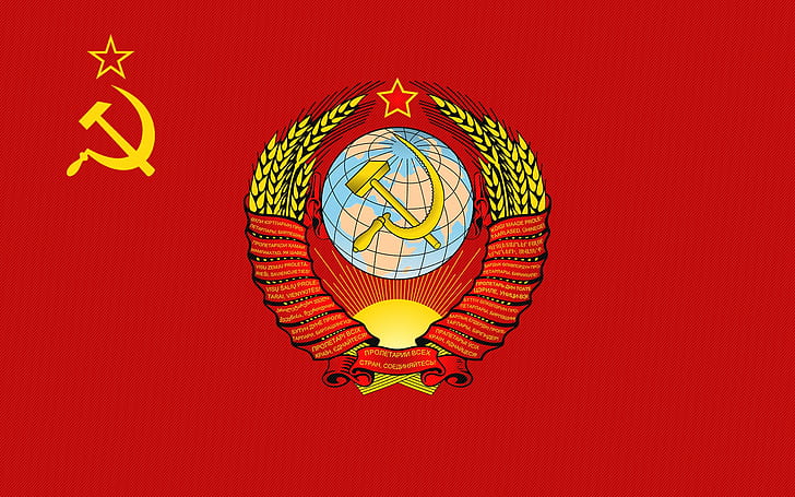red, flag, USSR, coat of arms, the hammer and sickle, the coat of arms of the USSR