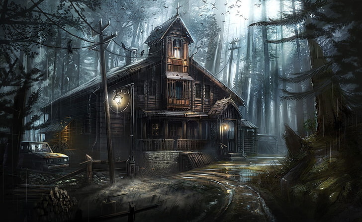 artwork, house, forest, spooky, birds, tree, architecture, built structure