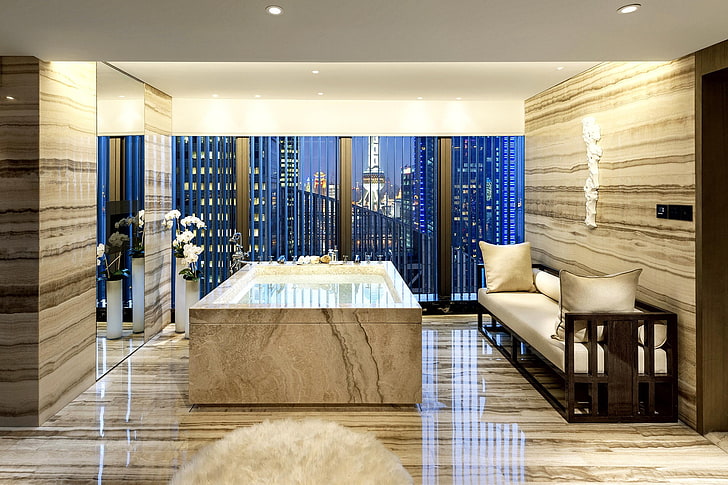 gray bathtub, decorations, indoors, interior design, luxury, architecture, HD wallpaper