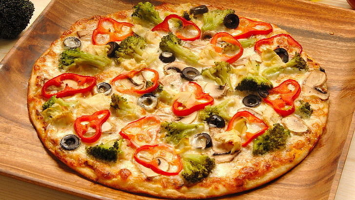 pizza, food, Paprika (Food), Broccoli, lunch, HD wallpaper