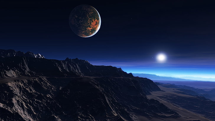 black mountain, exoplanet atmosphere, clouds, stars, moon, mist, HD wallpaper