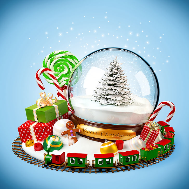 Christmas tree water globe, snow, decoration, balls, toys, doll, HD wallpaper