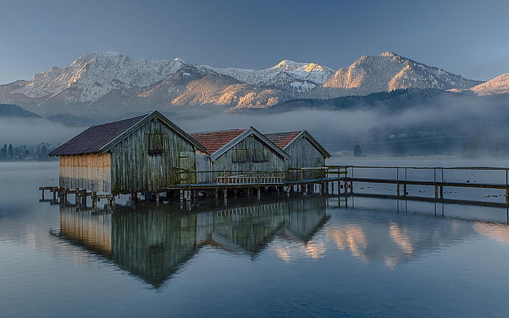 white dock, nature, landscape, mountains, snow, water, Germany