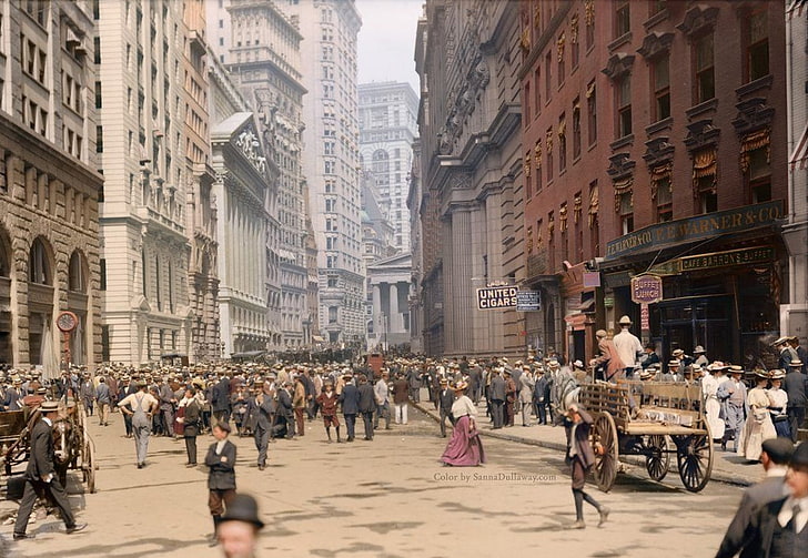 photography, USA, historic, colorized photos, street, crowds, HD wallpaper