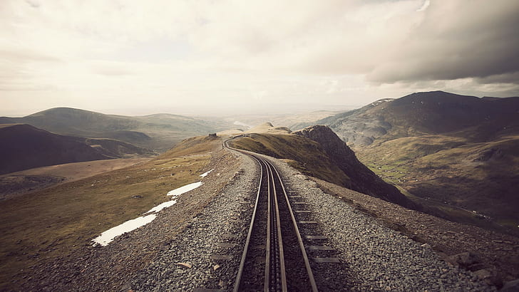 mountains, landscape, train, railroad track, railway, Snowdon, HD wallpaper
